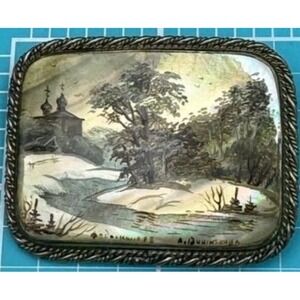 Vintage Brooch Hand Painted Winter Scene on Abalone Trees Temple C Clasp 1.75"